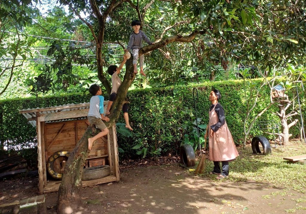 Belajar selaras dengan alam: Memanjat pohon adalah cara anak membangun kepercayaan diri dan mengukur batas kemampuan fisik mereka dengan bimbingan lembut pendidik.